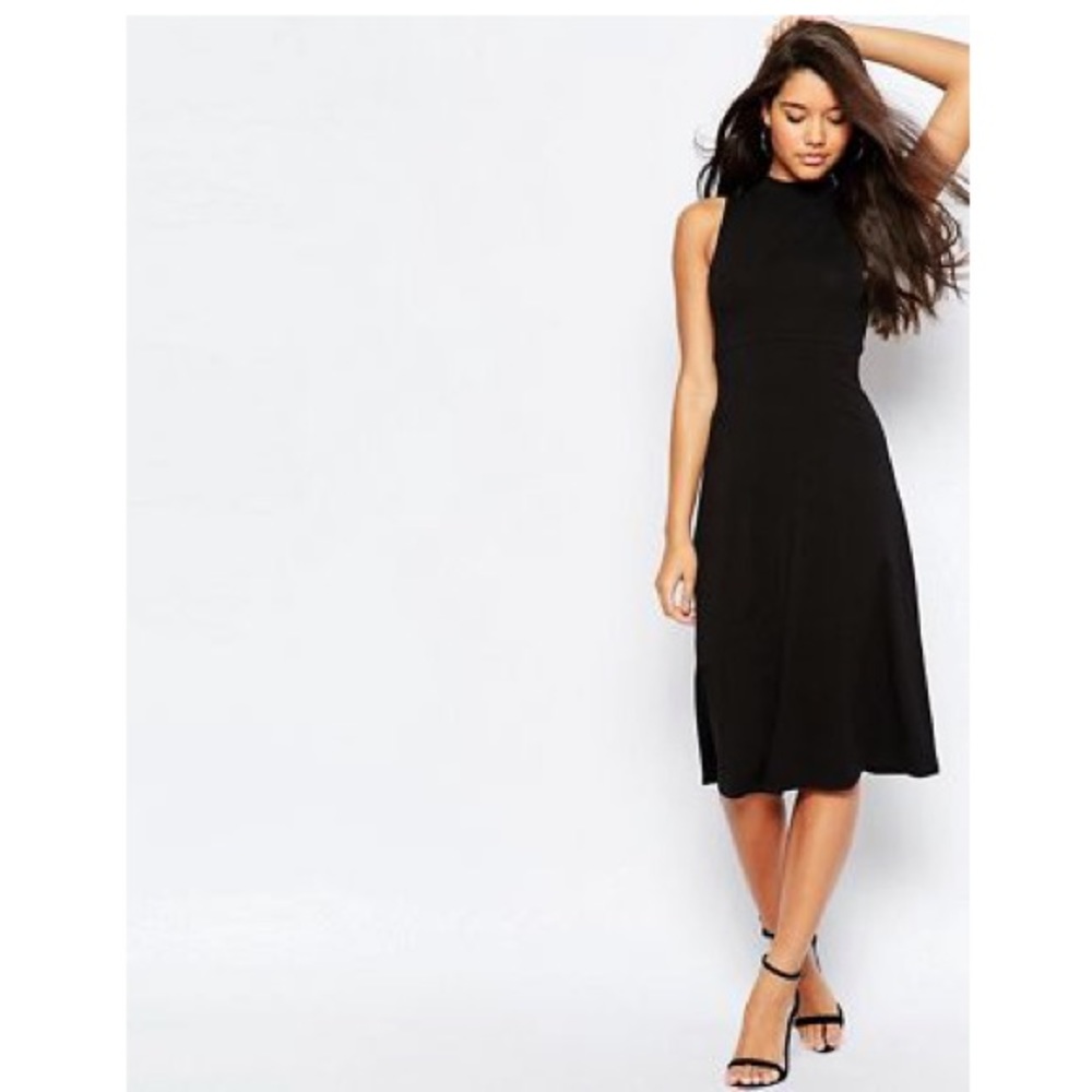 High Neck Black Midi Skater Dress party work